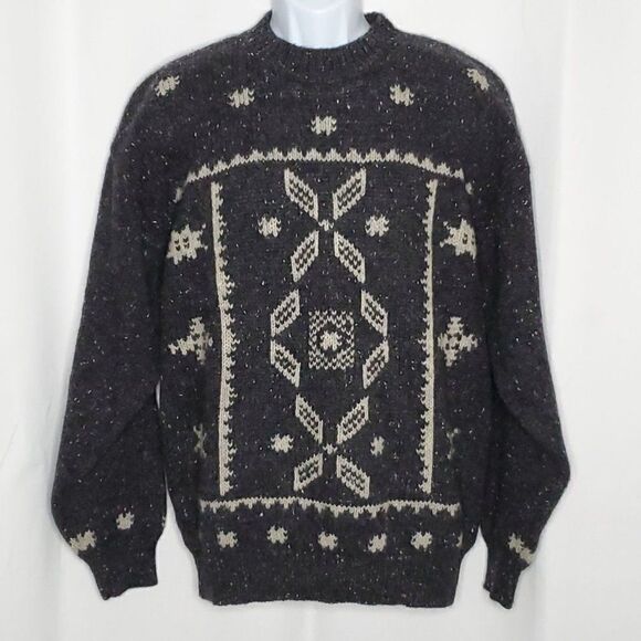 NEW Mens London Fog 100% Wool Sweater L Nordic Snowflake Charcoal Gray - Picture 1 of 4